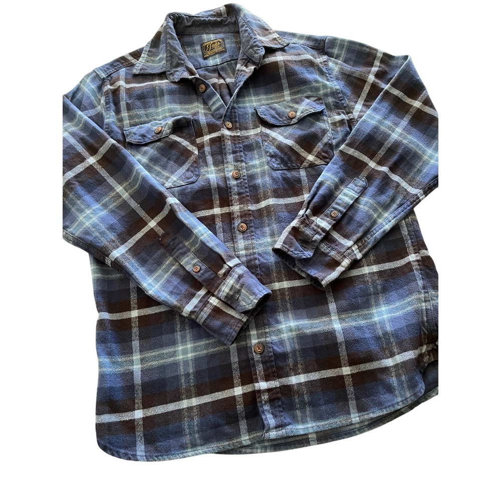 Jachs MFG Heritage Flannel Shirt Mens Medium Blue Brown Plaid Long Sleeve Cotton